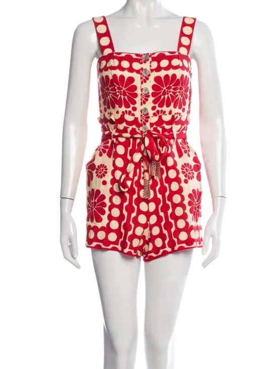 FARM Rio Pants - FARM Rio Red and Gold Floral Polka-Dot Romper with Tie Waist